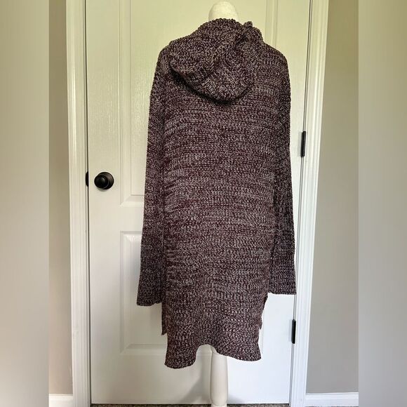 Poof! New York Women’s Maroon Knit Open Front Hooded Sweater Cardigan Size Large - Picture 3 of 9